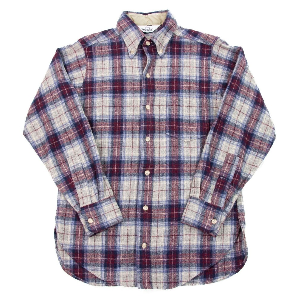 Vintage Woolrich Mens M Gray Blue Red Plaid Flannel Shirt Wool‎ Nylon Blend